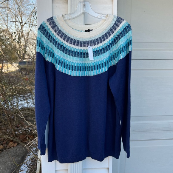 NWT Talbots Gorgeous Blues Green Cream Woven Fair Isle Sweater - Picture 5 of 6